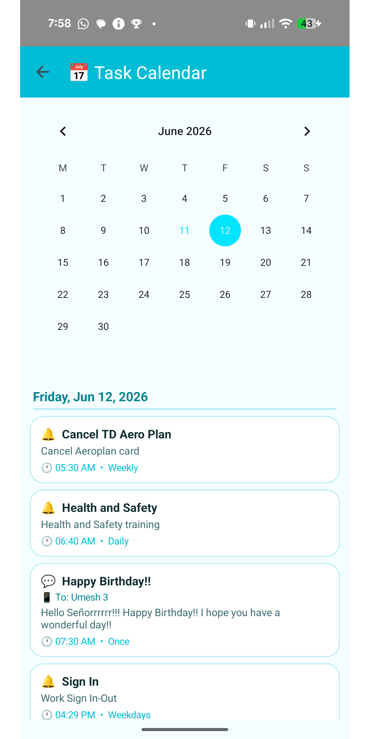 Auto SMS Scheduler - Calendar View